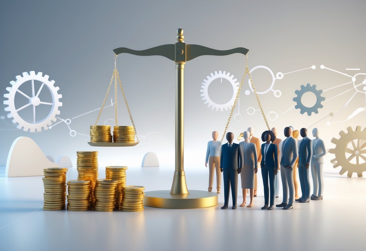A balanced scale with coins on one side and diverse human figures on the other, surrounded by interlocking gears.