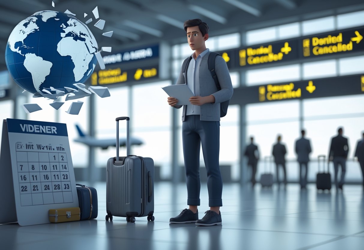 A person at an airport looking worried while holding a rejected visa, with a suitcase nearby and a closed airplane gate in the background.