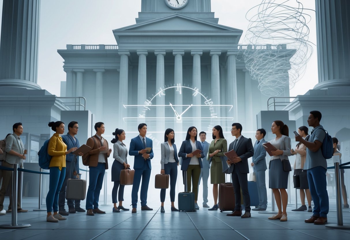 A group of people waiting outside a large government building, looking worried and holding passports, with a clock showing time passing slowly and barriers creating a sense of delay.