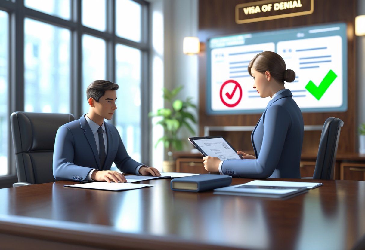 A person nervously sitting across a desk from an official in an embassy office during a visa interview, with symbols representing visa approval and denial in the background.