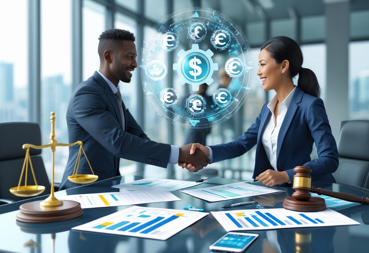 Two business professionals shaking hands over a table with contracts, scales of justice, and a gavel in a modern office.