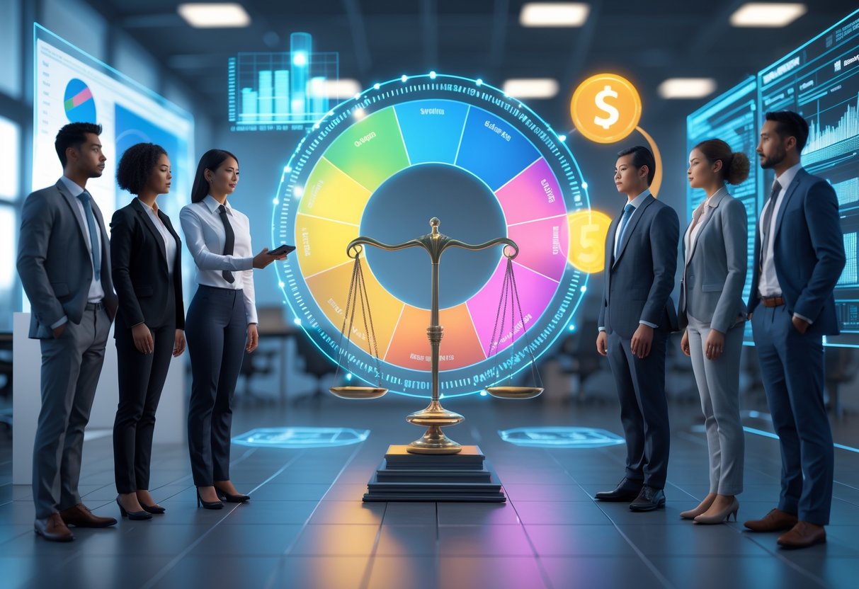 Two groups of business people standing on either side of a large digital pie chart with a balanced scale between them in a modern office setting.