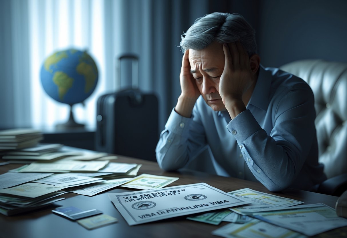 A person sitting at a desk looking worried, surrounded by financial papers and a rejected visa application, with a globe and suitcase in the background.