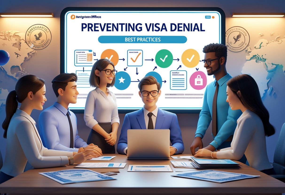 A 3D scene showing people in a modern office working together on visa applications with documents and a laptop, symbolising successful visa approval processes.