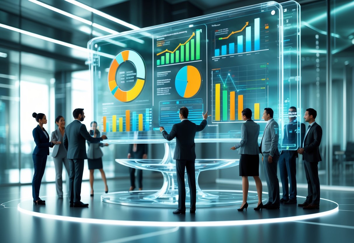 A 3D scene of business professionals discussing colourful floating financial charts and graphs in a modern office with symbols of fairness and accountability.