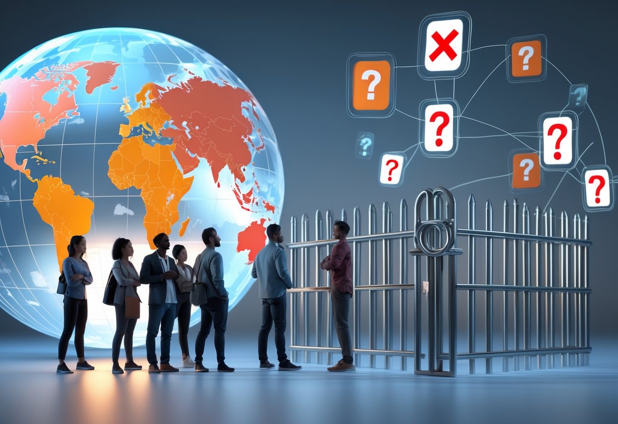 A group of people standing near a locked gate with a globe showing restricted countries and floating icons of passports and visas around them.