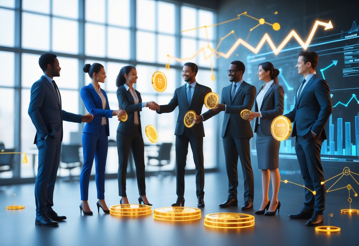 A group of business people exchanging glowing coins while surrounded by rising graphs in a modern office setting.
