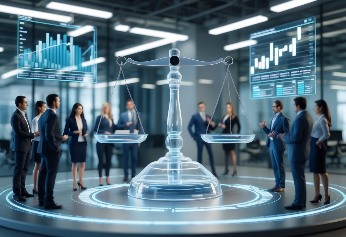 A 3D scene showing a digital scale balancing two groups of business people with charts and graphs floating around, illustrating challenges in fair revenue sharing.
