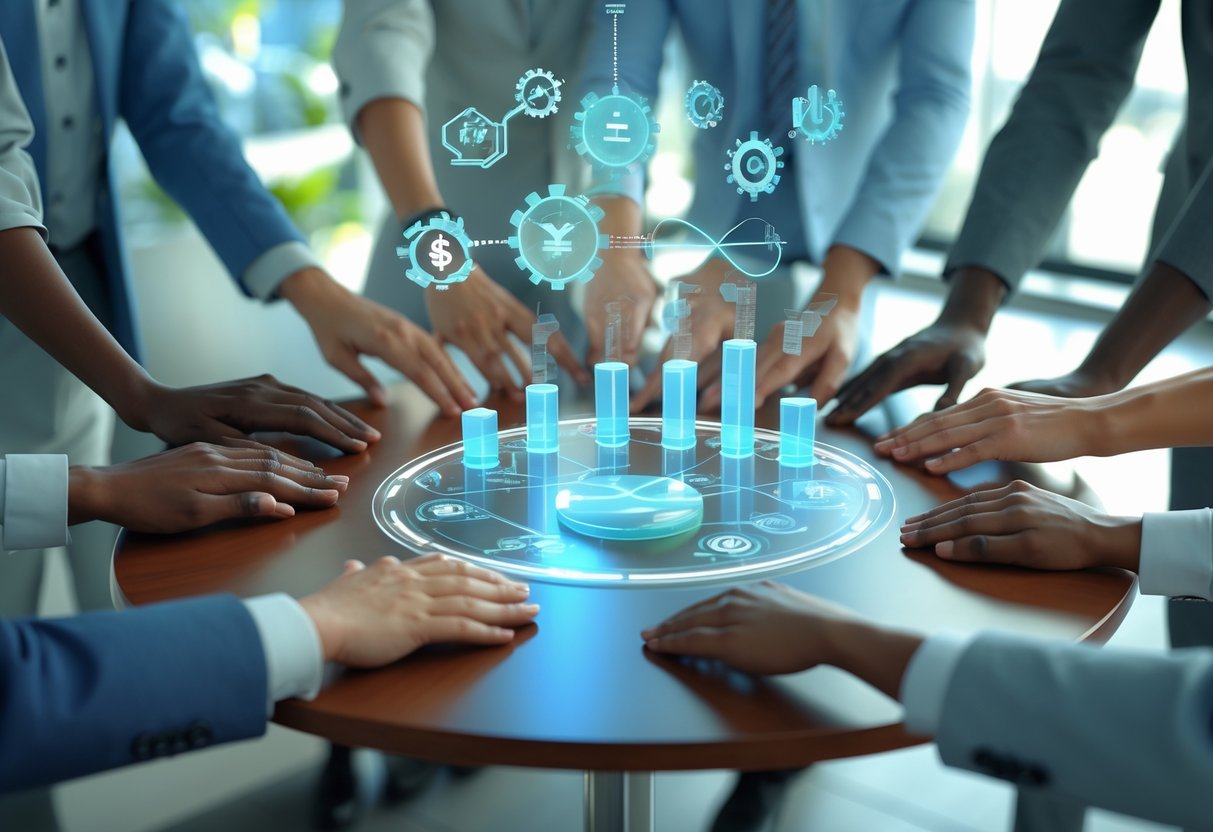 A 3D scene showing diverse hands reaching towards a circular table with holographic charts and balanced symbols representing fair revenue sharing.