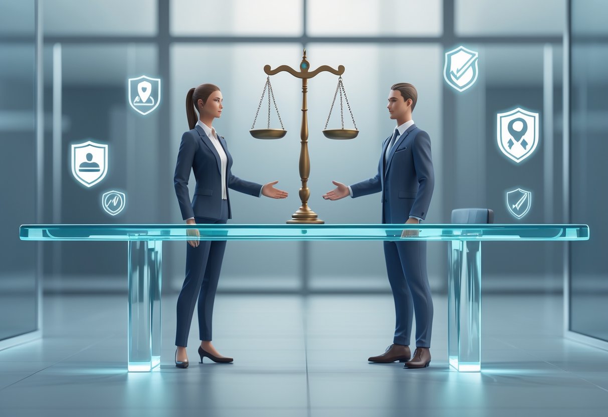 Two professionals standing on opposite sides of a glass table with a balanced scale floating above it, surrounded by holographic icons representing protection, agreement, and warnings in a modern office setting.