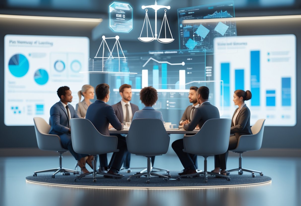A group of business professionals sitting around a round table with holographic charts showing balanced scales and data, engaged in a discussion about fair revenue sharing.