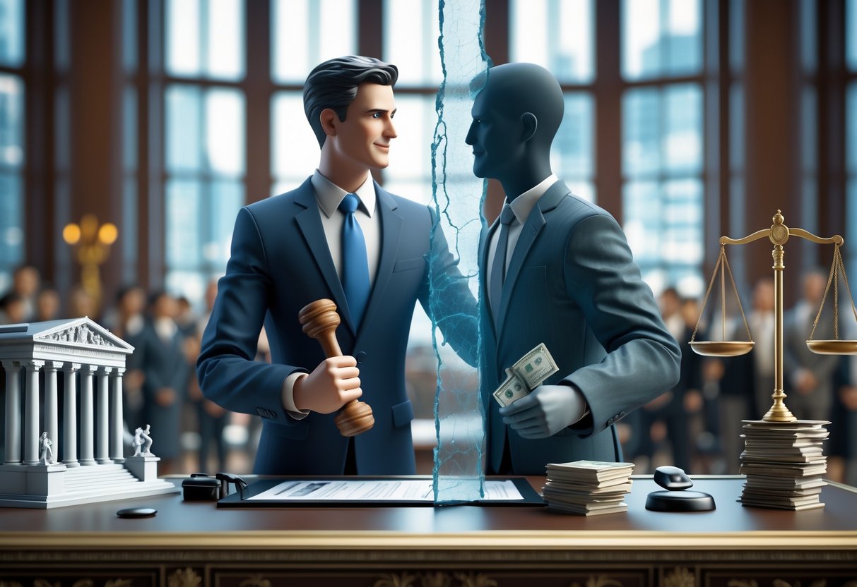 A government official split between public duty and private interest, standing at a desk with symbols of justice and a city view in the background.
