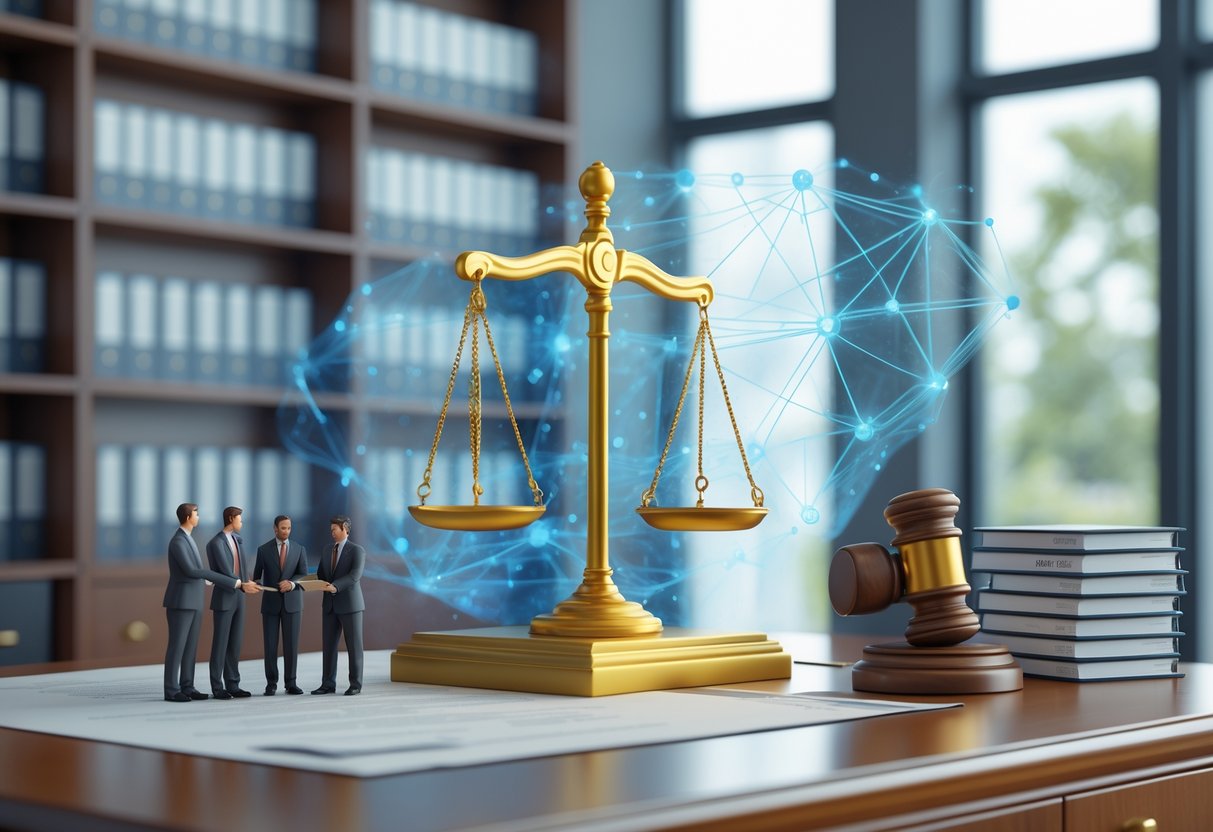 A balanced scale of justice on a desk with businesspeople on one side and legal documents on the other, set in an office with law books and a holographic network in the background.
