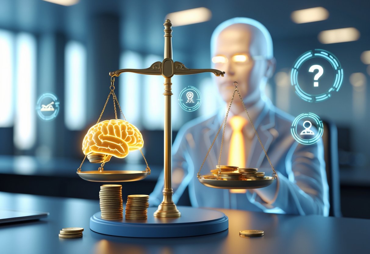 A 3D scene showing a balance scale with a brain on one side and coins on the other, in front of a human figure split into a calm illuminated half and a shadowed blurred half, set in a modern office environment.