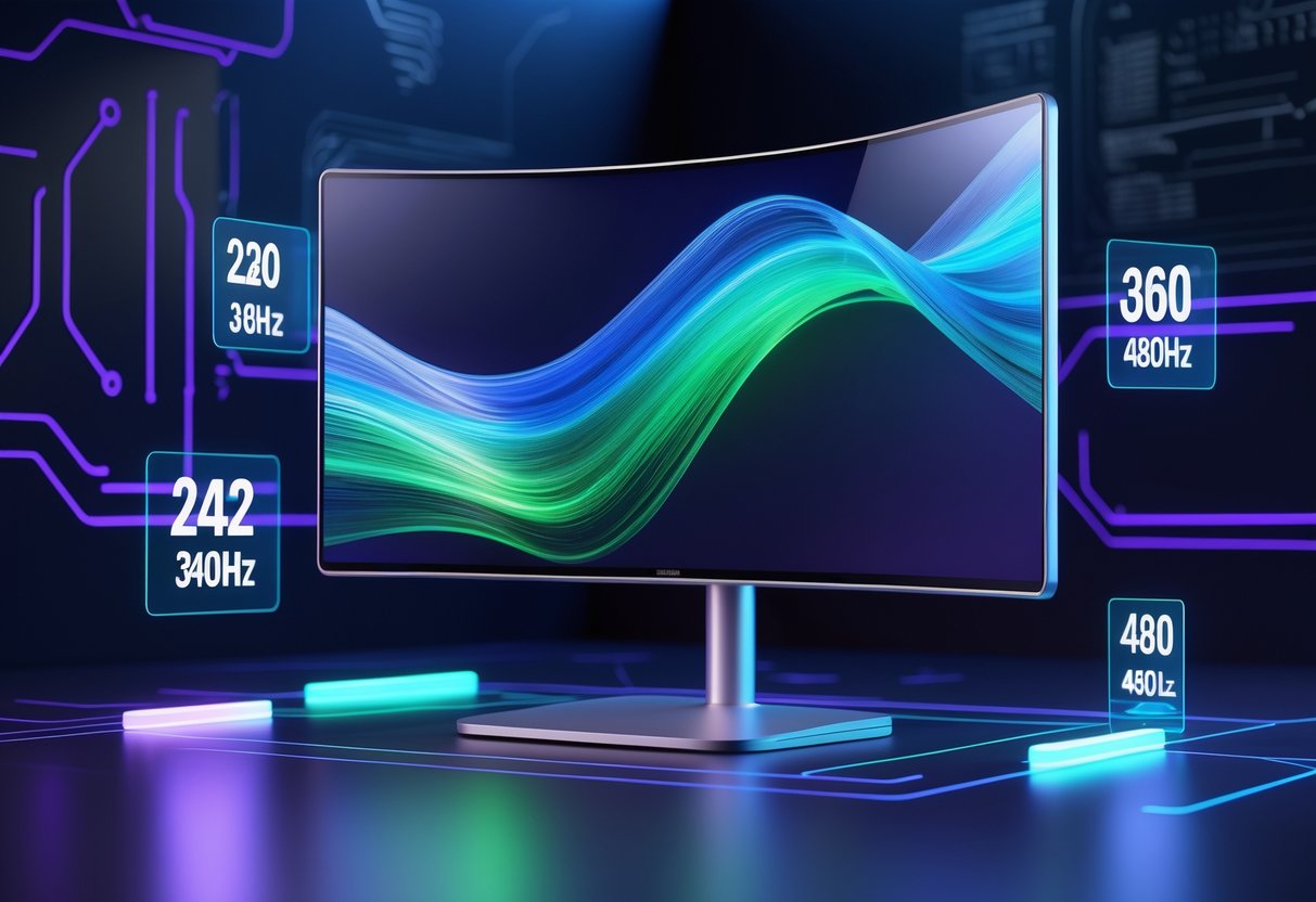 A futuristic computer monitor with glowing blue and green waves on the screen, surrounded by floating holographic numbers indicating high refresh rates, set in a dark high-tech environment.