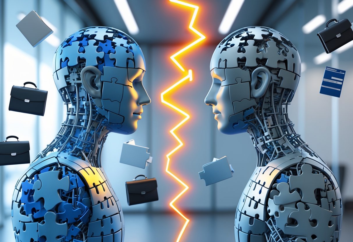 Two large human figures made of puzzle pieces facing each other with a glowing lightning bolt between them, surrounded by office objects in a modern corporate setting.