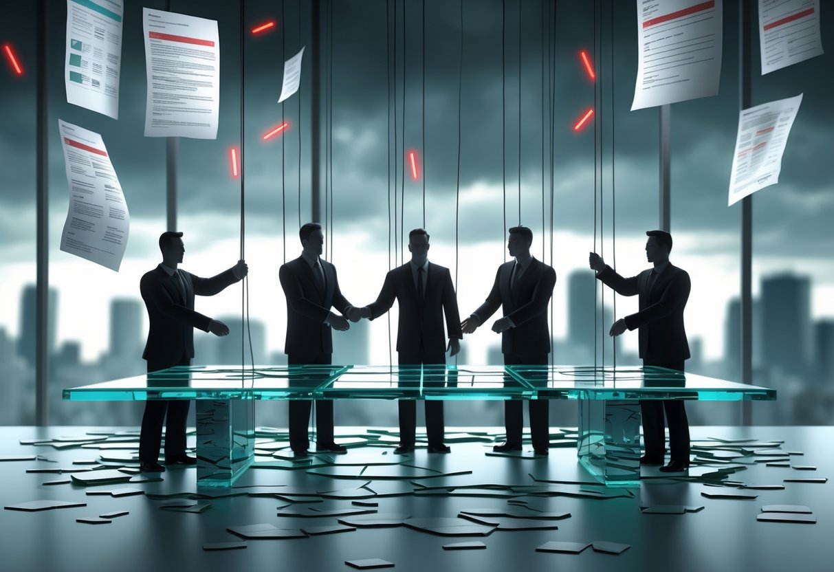 A corporate boardroom scene showing businesspeople shaking hands with hidden agendas, puppet strings controlling smaller figures below, a cracked glass table, scattered documents, and a stormy cityscape in the background.