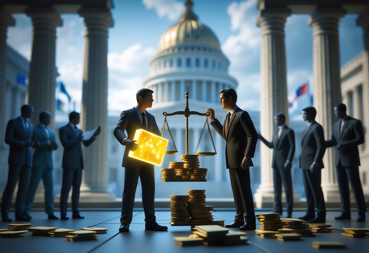 A scene showing two politicians negotiating near a government building with a tilted scale of justice weighed down by money, surrounded by shadowy figures exchanging envelopes.