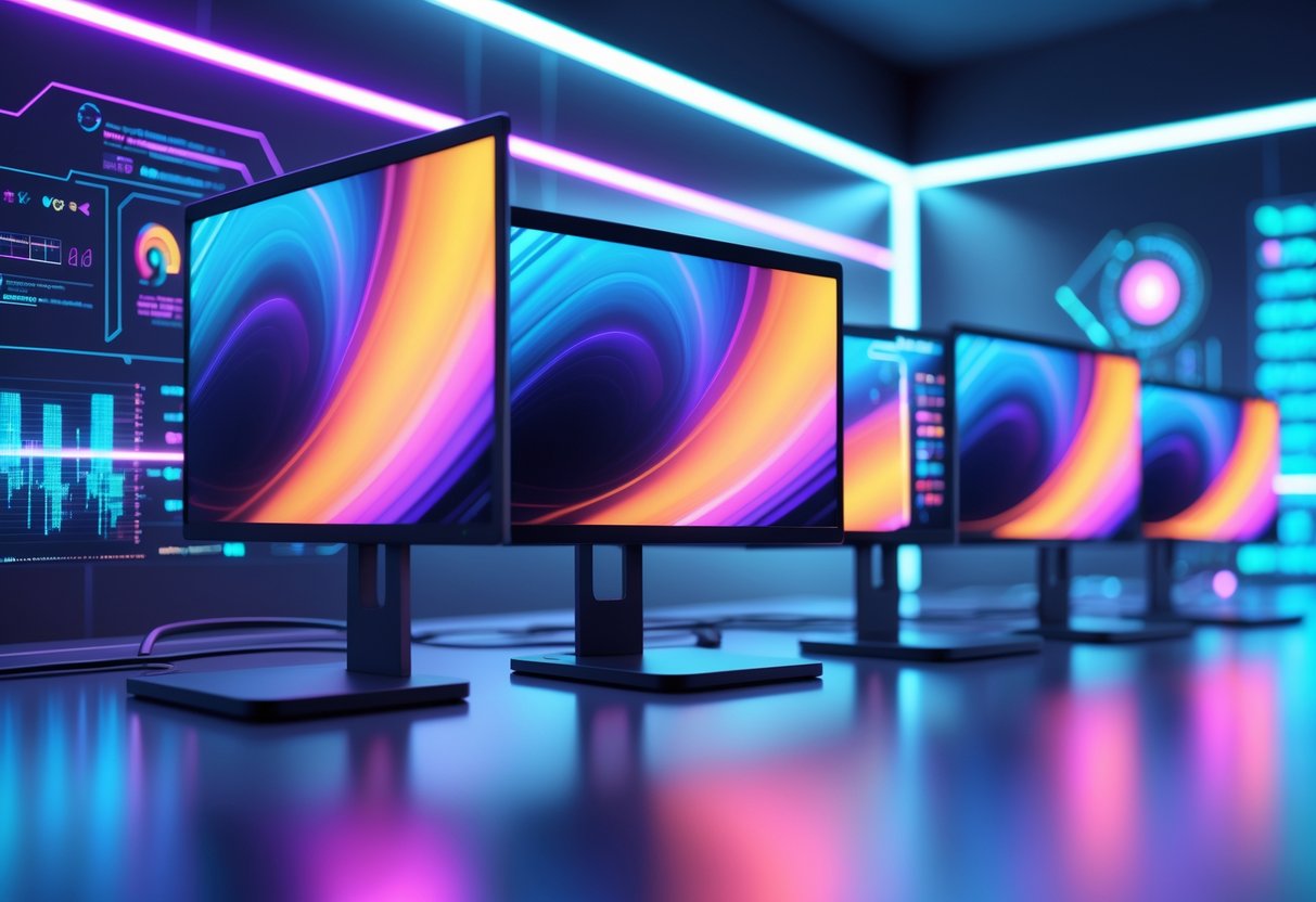 A futuristic scene with several modern monitors displaying smooth motion visuals surrounded by holographic data streams in a high-tech lab.