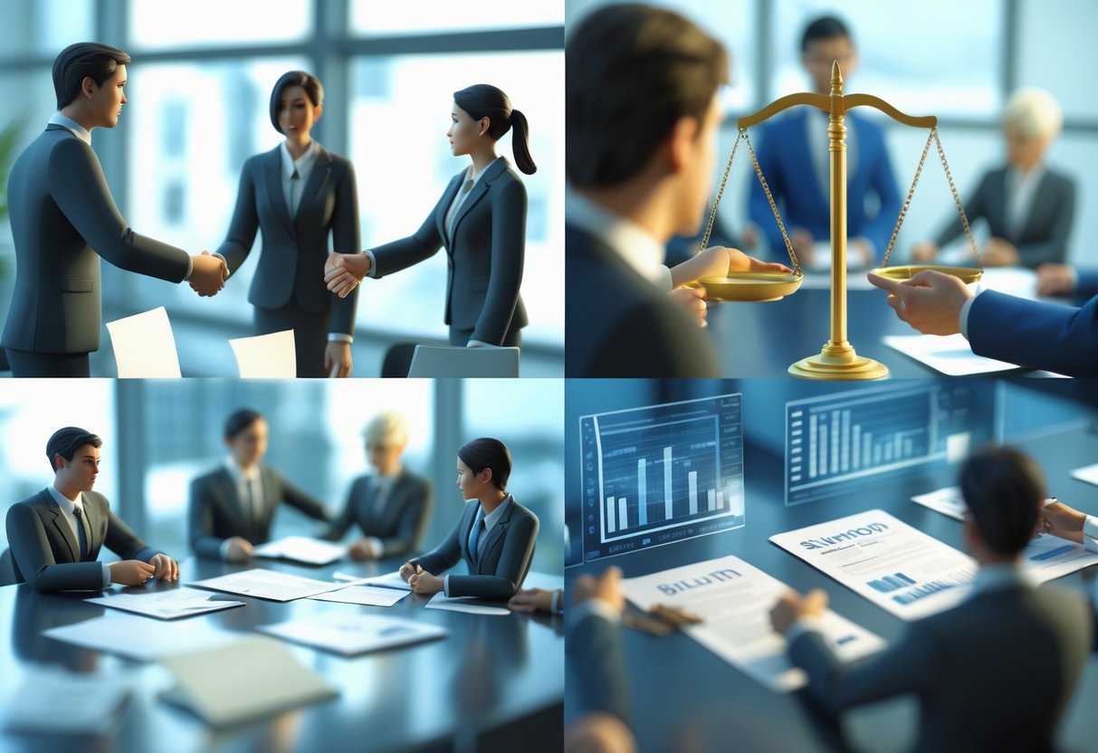 A 3D scene showing people in an office involved in different situations that suggest conflicts of interest, such as secret exchanges, divided loyalties, and symbolic scales.
