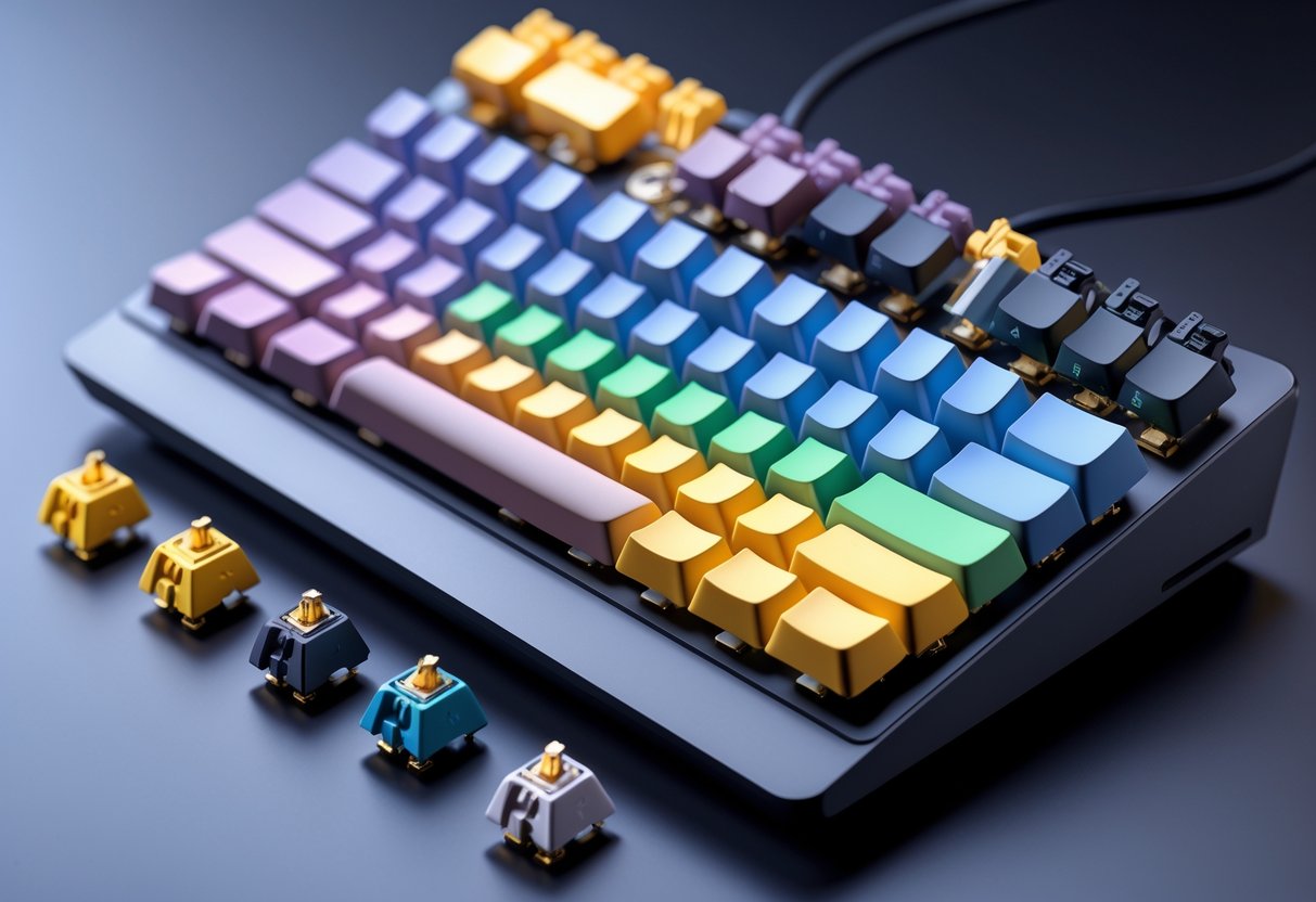 A 3D rendering of a mechanical keyboard with various keycaps and mechanical switches arranged around it on a dark surface.