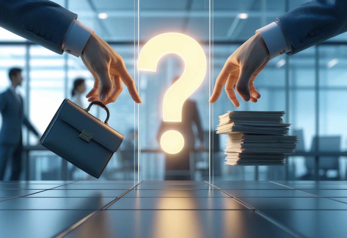 Two hands reaching towards each other from opposite sides, one holding a briefcase and the other holding money, separated by a glass barrier with a glowing question mark floating between them in a modern office setting.