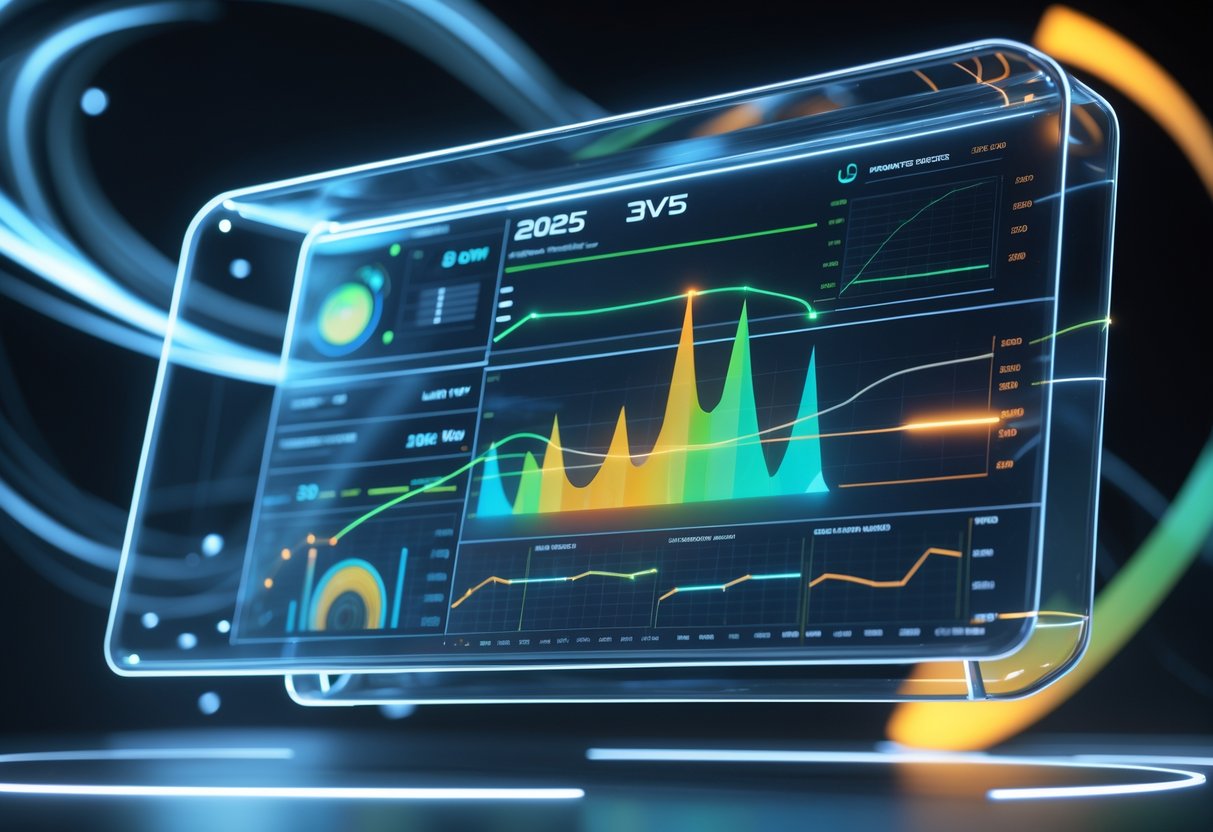 A futuristic digital dashboard showing colourful graphs and charts representing monitor response time and motion clarity for different refresh rates.