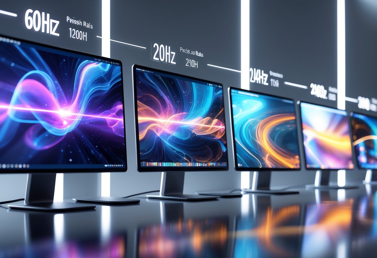 A row of computer monitors showing increasing screen resolutions and refresh rates with glowing waveforms above them, set in a dark modern workspace.