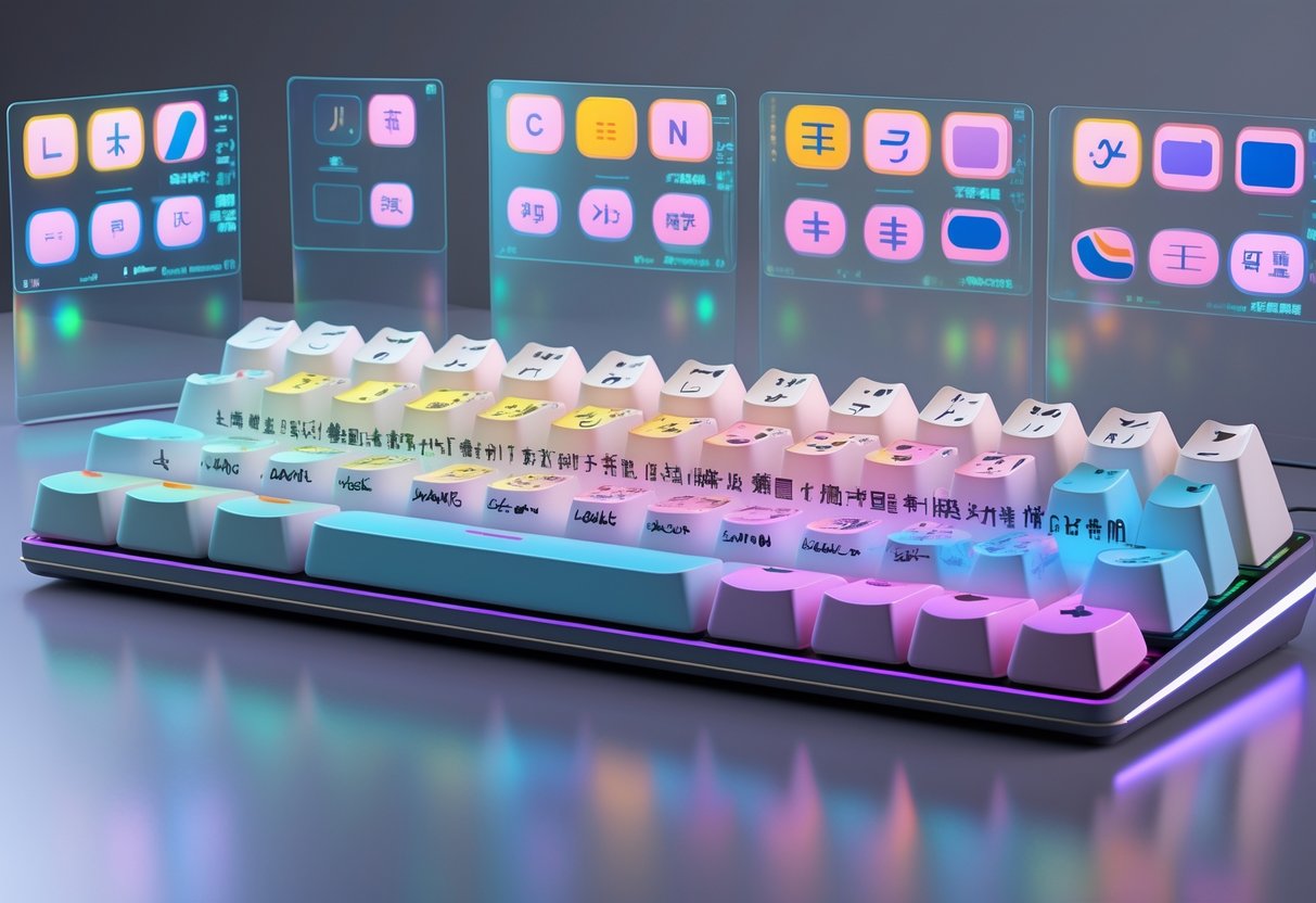 A 3D scene showing a computer keyboard with clusters of keys in different language scripts and holographic panels representing language and keyboard settings.