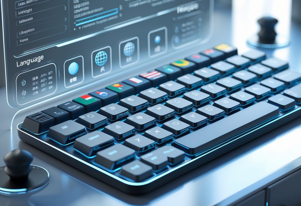 A 3D scene showing a modern keyboard with illuminated keys and holographic controls representing language and region settings.