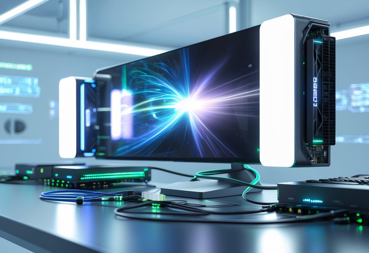 A 3D scene showing a modern computer setup with a large monitor and connected hardware components glowing softly in a high-tech environment.