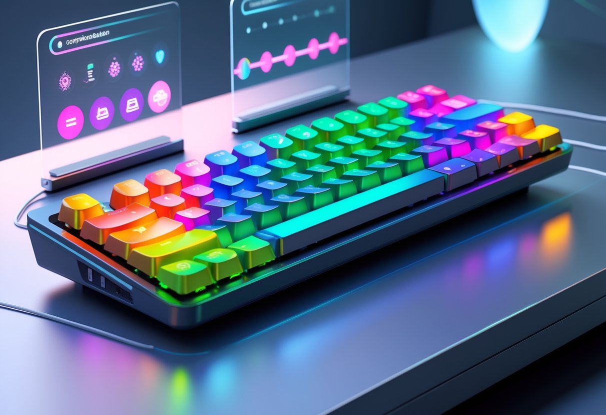 A 3D rendered keyboard with colourful illuminated keys and holographic customisation controls in a modern workspace.
