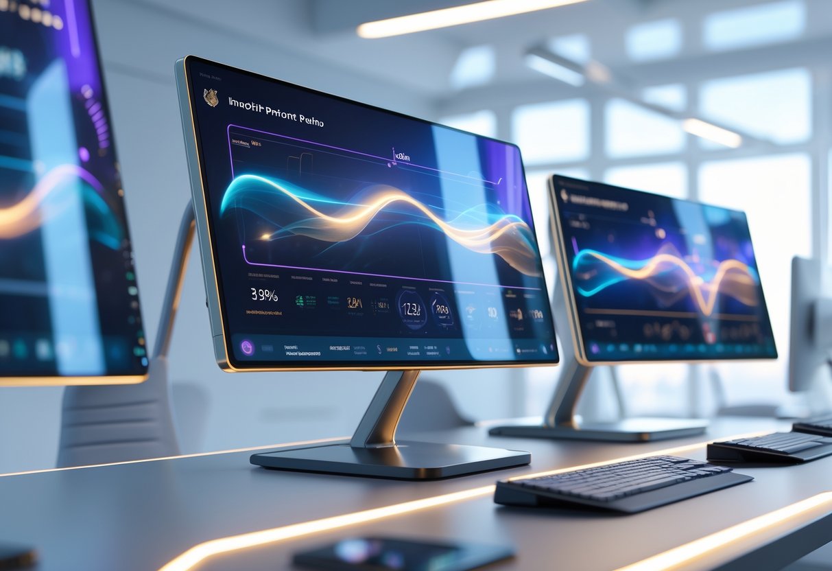 A set of modern computer monitors on a desk showing dynamic screen animations in a futuristic office setting.