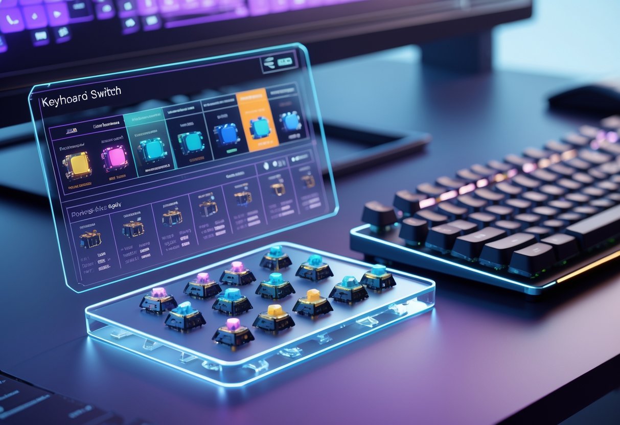 A 3D scene showing a holographic computer interface with controls for adjusting keyboard switch settings above a mechanical keyboard on a desk.