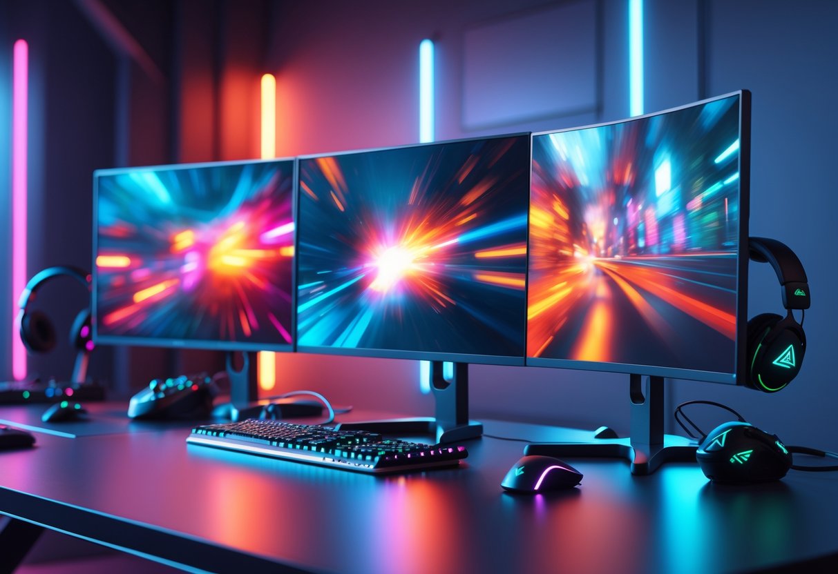 A gaming setup with three different computer monitors on a desk, each showing fast-paced gaming scenes, surrounded by gaming accessories in a dimly lit room with coloured lighting.