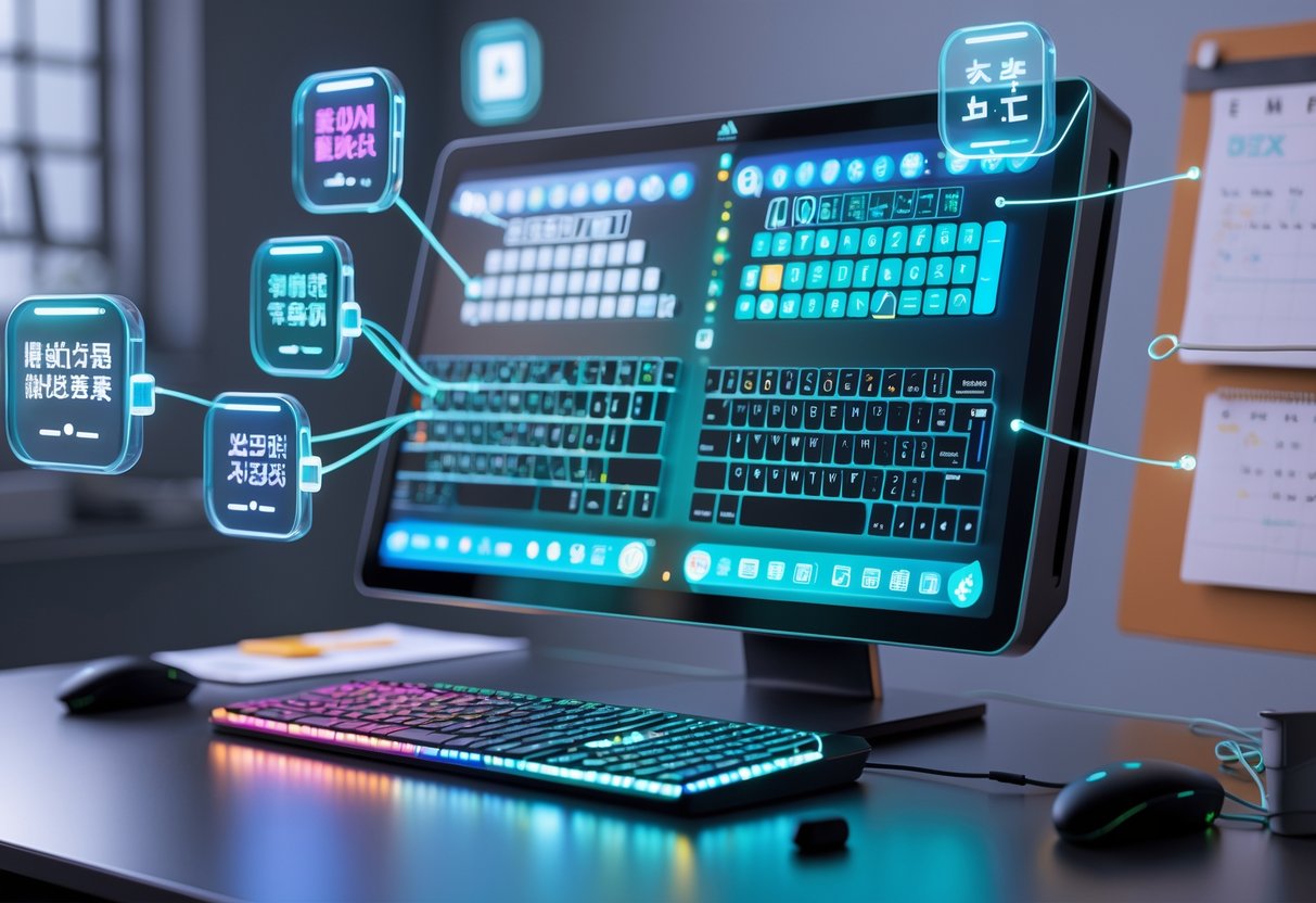 A workspace with a computer showing different keyboard layouts and floating language icons linked to a futuristic keyboard.