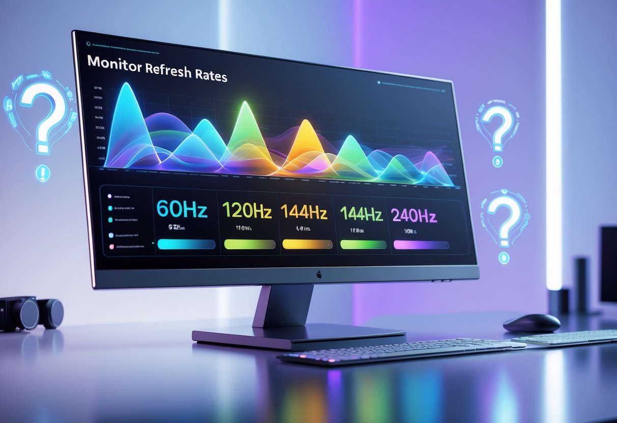 A modern computer monitor on a desk showing colourful graphs and icons about monitor refresh rates, with floating question mark symbols around it.