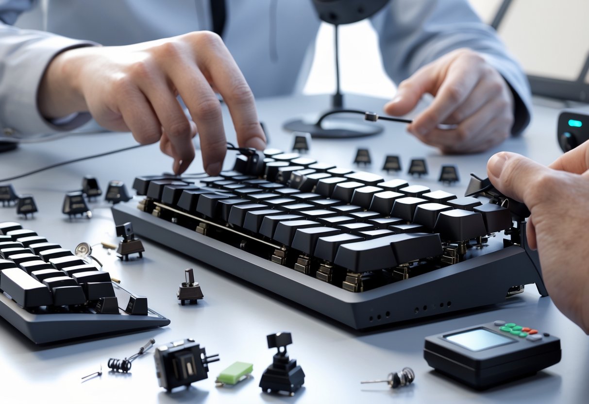 Close-up of a mechanical keyboard with some keys removed, showing keyboard switches being inspected and repaired on a workbench.