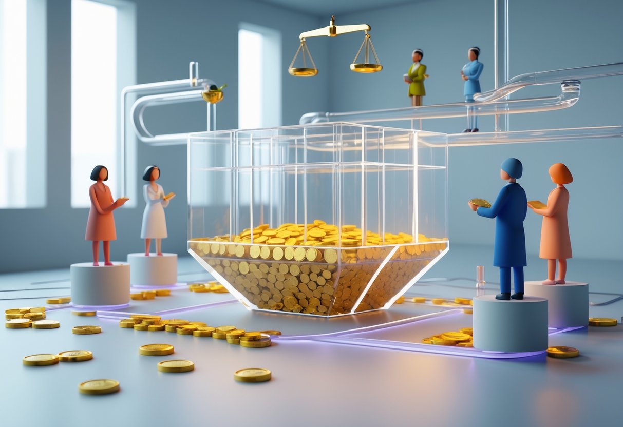 A 3D scene showing a large prize pool divided into segments distributing coins and tokens to diverse figures on pedestals, symbolising fair prize distribution.