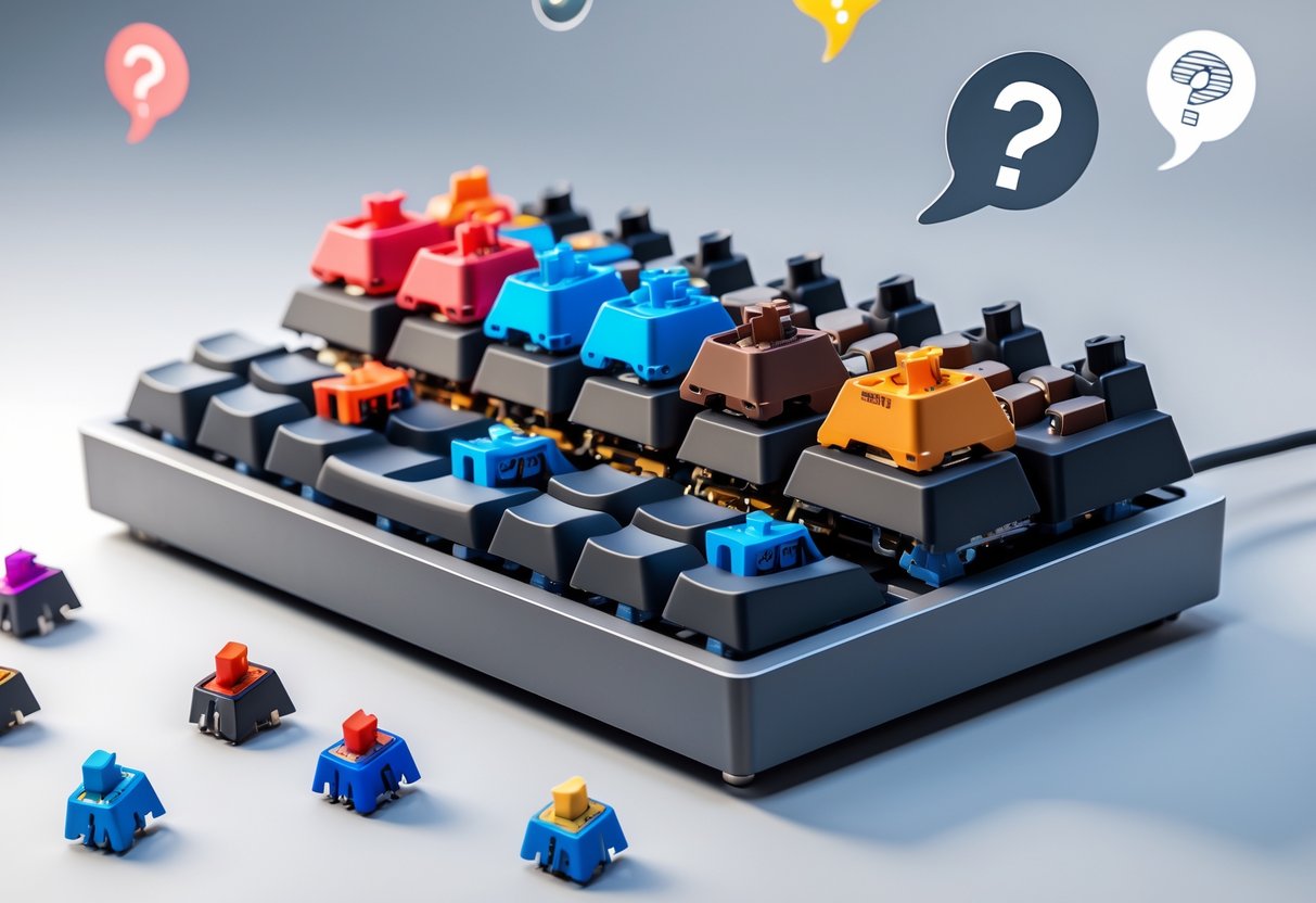 A 3D rendered mechanical keyboard with various exposed colourful switches and floating question mark icons around it.