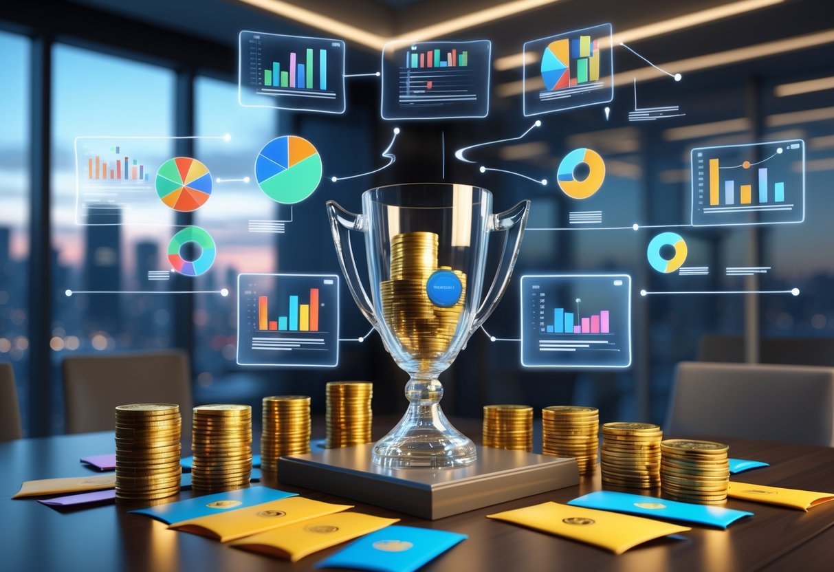 A 3D scene showing a glass trophy, stacks of gold coins, prize envelopes, and floating holographic charts representing prize pool distribution on a table in a modern room.