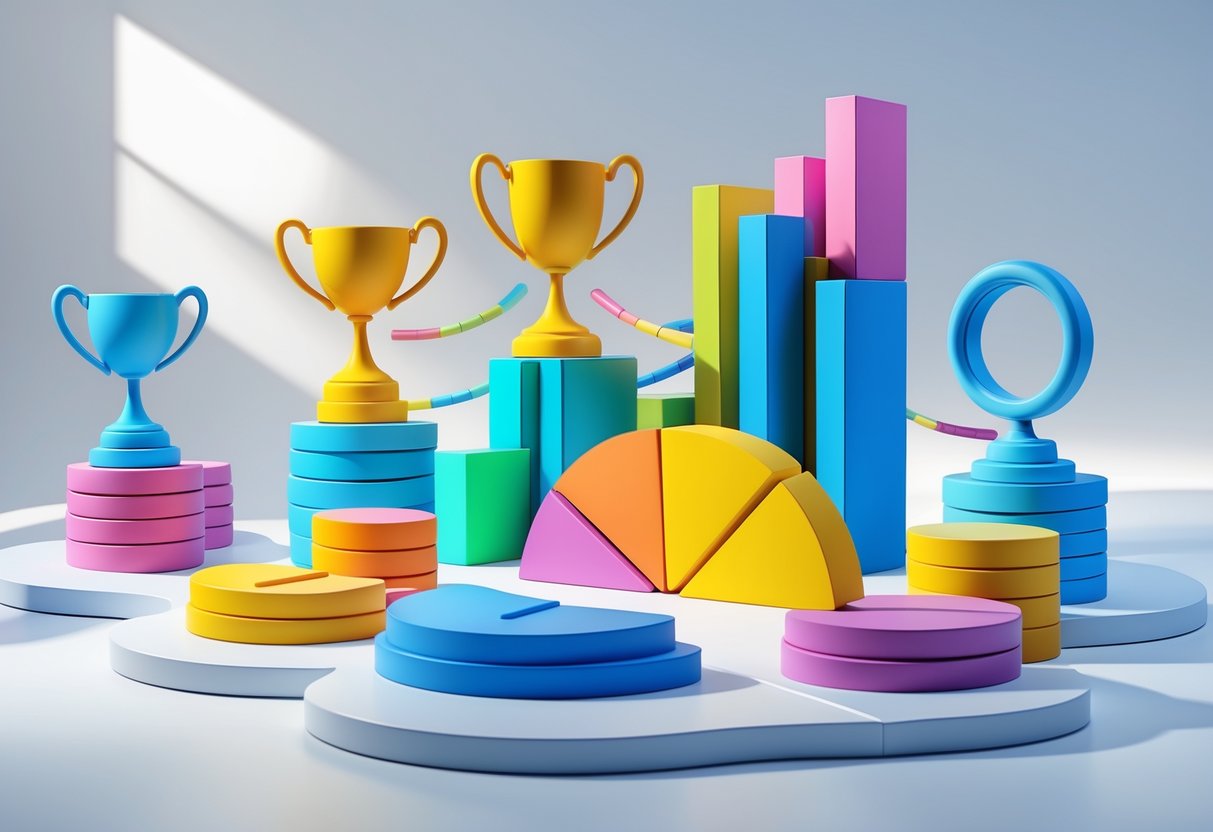 A 3D infographic showing different event icons connected to colourful prize distribution charts representing how prize money is divided for each event type.