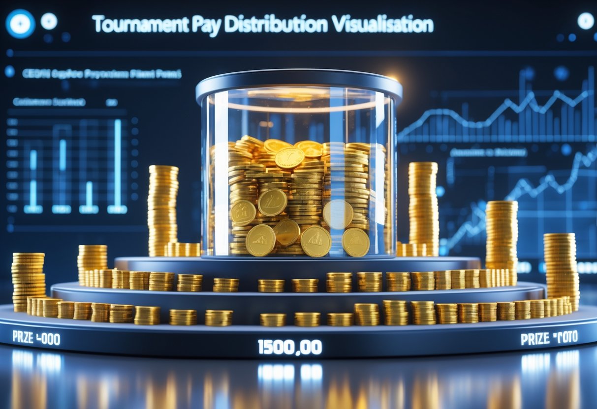 A 3D scene showing a prize pool container with gold coins and tiered platforms holding stacks of coins representing tournament payout distribution.