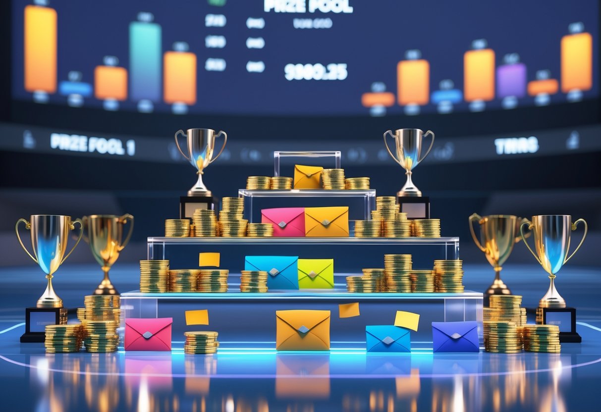 A 3D scene showing a tiered podium filled with gold coins and prize envelopes, surrounded by trophies and medals in a modern indoor arena.