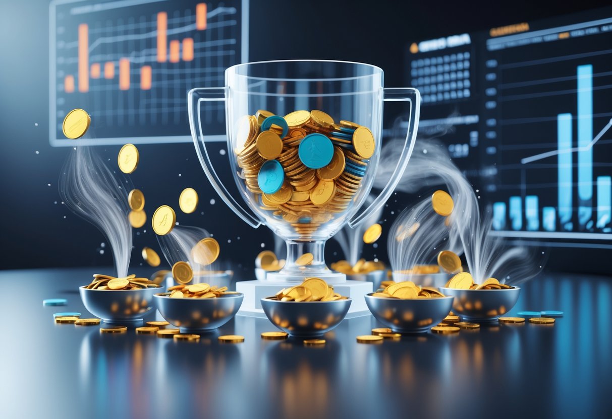 A 3D scene showing a large trophy-shaped container distributing colourful coins into smaller bowls through flowing streams, representing prize pool distribution.