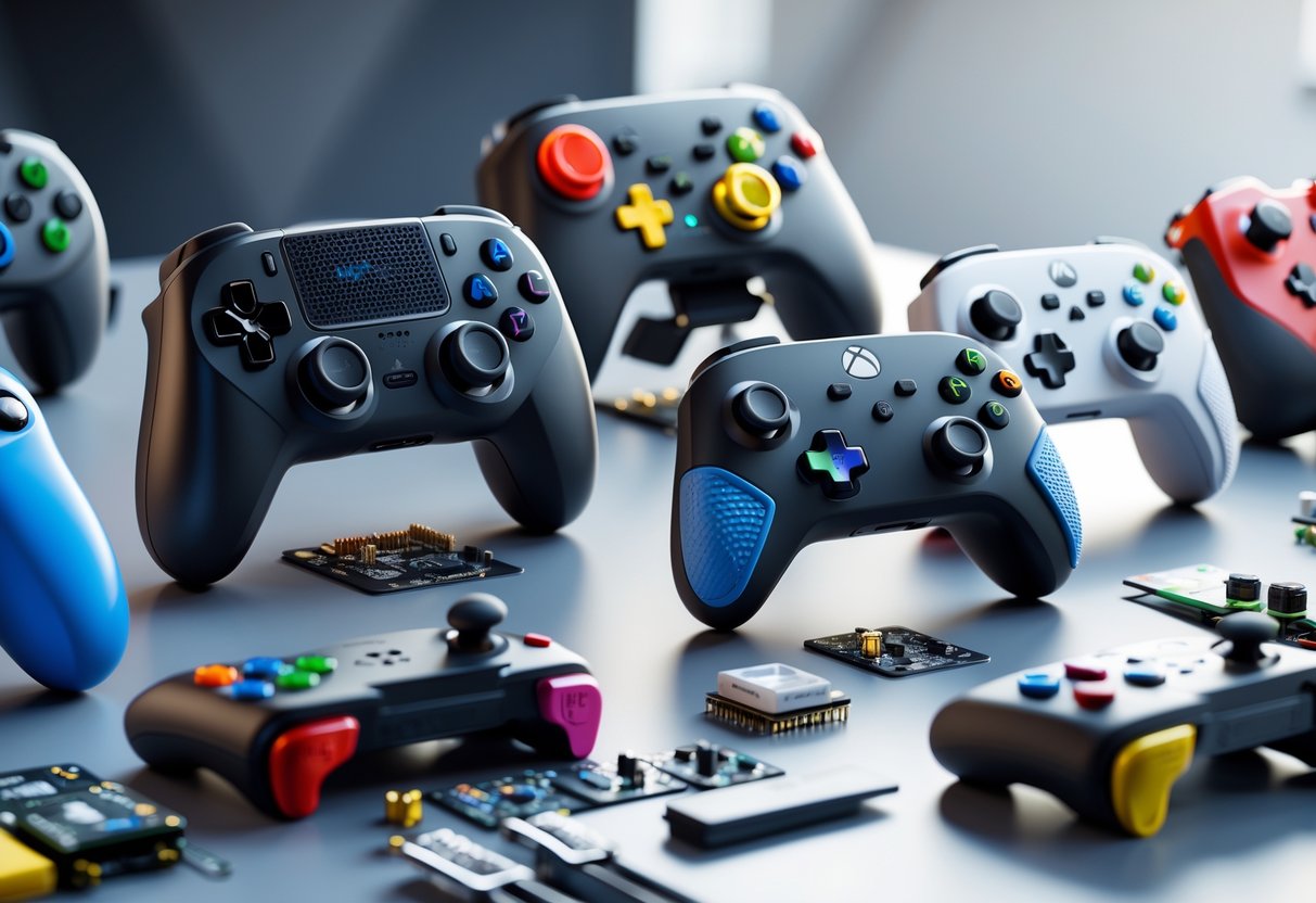 A variety of popular gaming controllers with custom modifications displayed alongside tools and electronic parts on a modern surface.