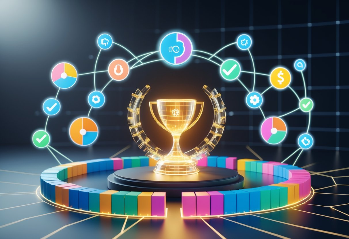 A 3D scene showing a digital trophy surrounded by colourful segmented charts and icons representing challenges and best practices in prize distribution.