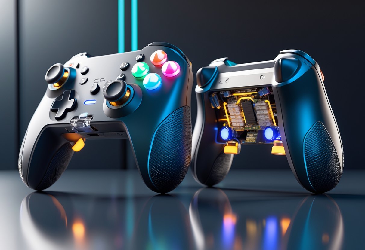 Two custom gaming controllers with visible internal components and illuminated buttons on a reflective surface.