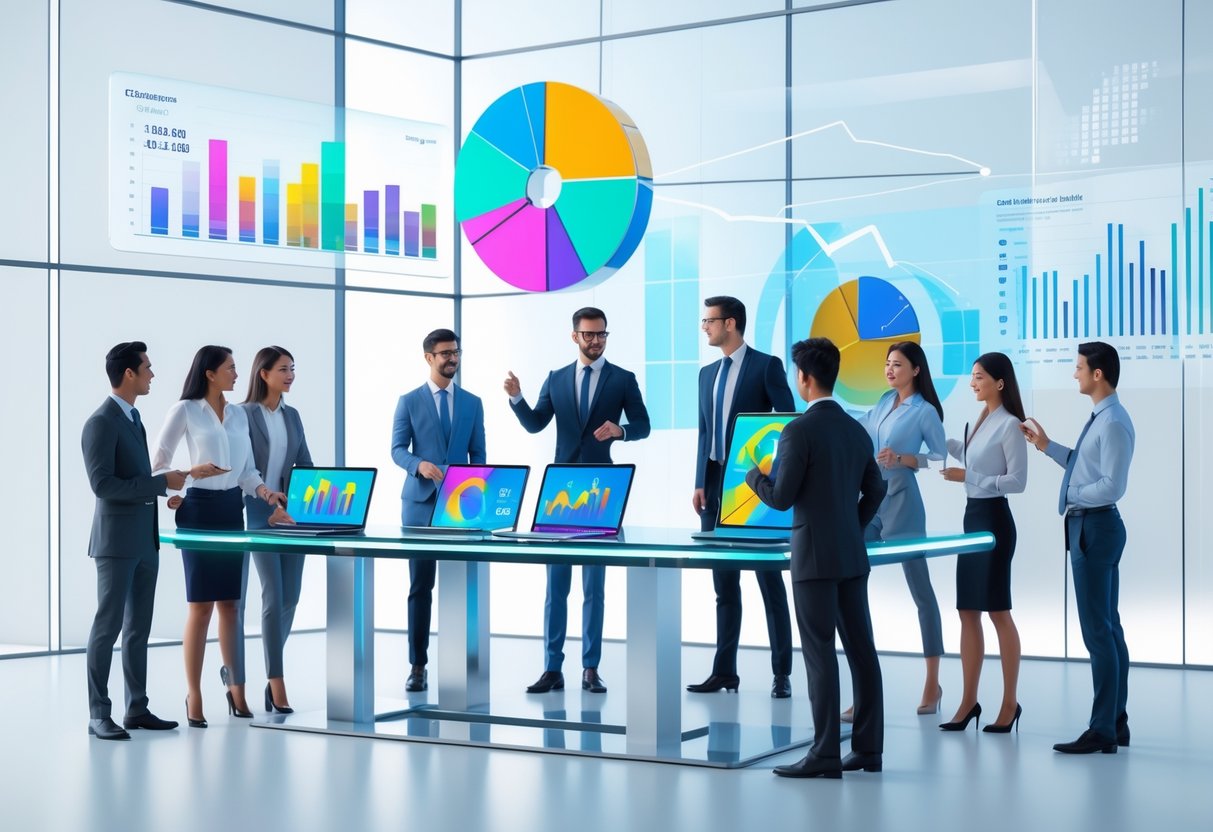 A group of professionals around a table reviewing colourful 3D charts and graphs showing prize distribution and participant feedback after an event.