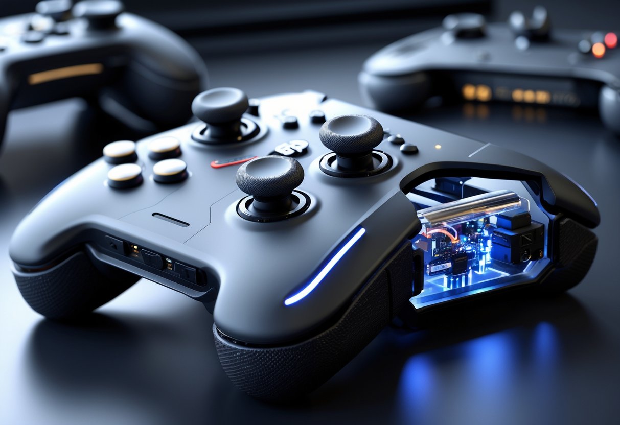 A 3D rendered gaming controller with custom modifications like extended thumbsticks, extra buttons, and trigger stops, shown with part of its internal components visible through a transparent section.